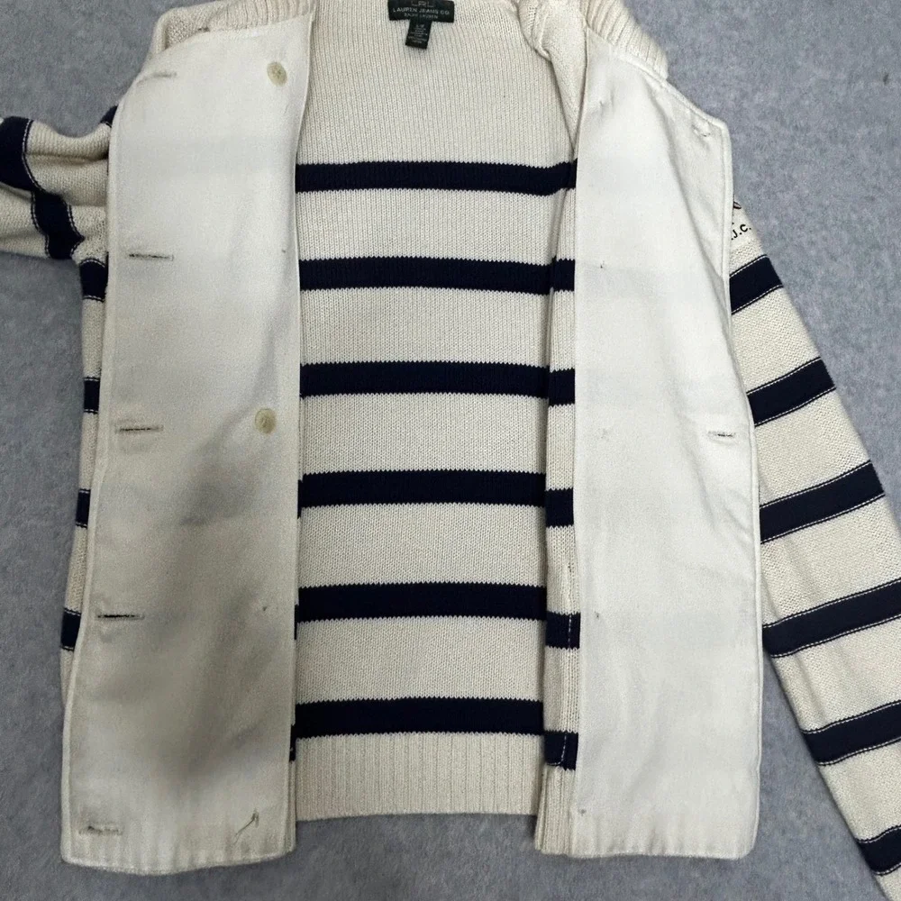 LRL Ralph Lauren Nautical Stripe Double Breasted Cardigan L 100% Cotton Preppy - Picture 9 of 11